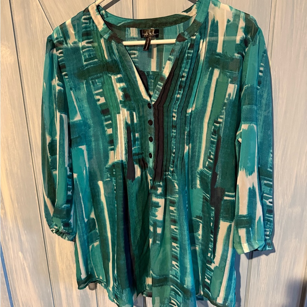 Nicole Miller Abstract Teal Split-Neck Tunic with Pintuck Detail